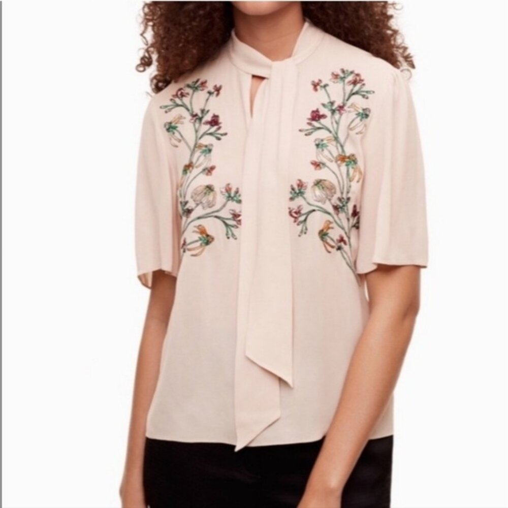 Aritzia Little Moon Zinnia Floral Embroidered Tie-Neck Blouse size medium - Picture 1 of 12